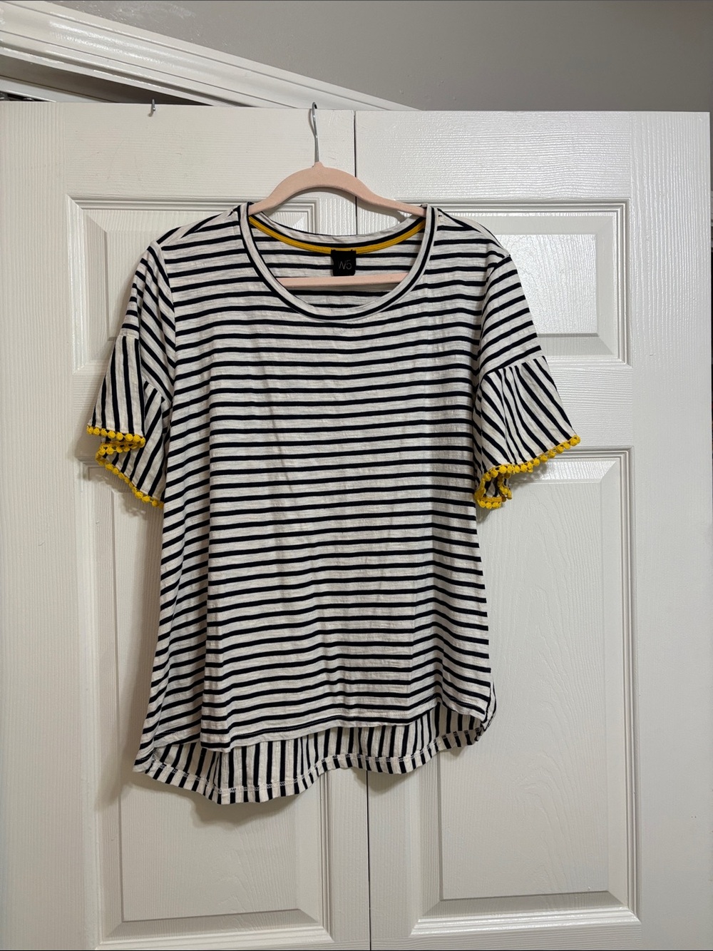 W5 Black & White Striped Short Sleeve Top with Yellow Pom Trim